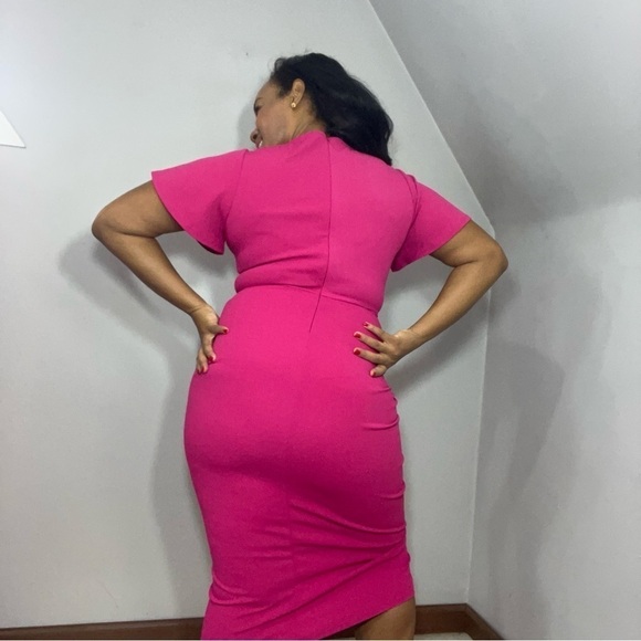 Rachel Roy pink midi dress flutter sleeve fitted bodycon fuchsia dress barbie - Picture 5 of 10